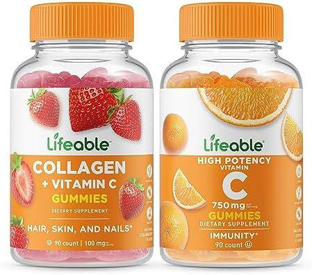Lifeable Collagen & Vitamin C + Vitamin C 750Mg Gummies Bundle Great Tasting Vitamin Supplement Gluten Gmo Chewable Gummy