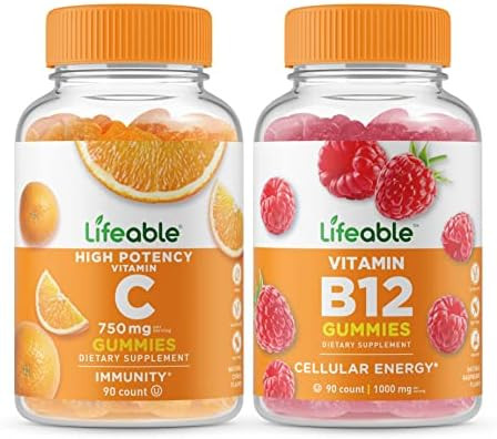 Lifeable Vitamin C 750Mg + Vitamin B12 Gummies Bundle Great Tasting Vitamin Supplement Gluten Gmo Chewable Gummy