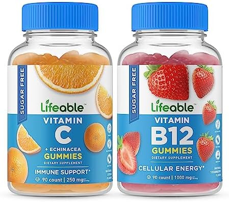 Lifeable Sugar Vitamin C + Vitamin B12 Gummies Bundle Great Tasting Vitamin Supplement Gluten Gmo Chewable Gummy