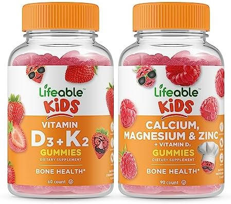 Lifeable Vitamin D3 + Vitamin K2 Kids + Calcium Magnesium & Zinc Kids Gummies Bundle Great Tasting Vitamin Supplement Gluten Gmo Chewable Gummy