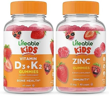 Lifeable Vitamin D3 + Vitamin K2 Kids + Zinc Kids Gummies Bundle Great Tasting Vitamin Supplement Gluten Gmo Chewable Gummy