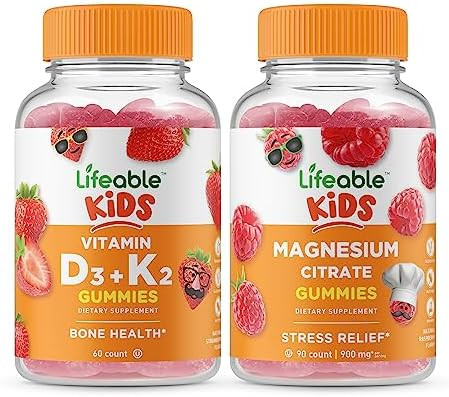 Lifeable Vitamin D3 + Vitamin K2 Kids + Magnesium Kids Gummies Bundle Great Tasting Vitamin Supplement Gluten Gmo Chewable Gummy