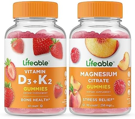 Lifeable Vitamin D3 + Vitamin K2 + Magnesium 85Mg Gummies Bundle Great Tasting Vitamin Supplement Gluten Gmo Chewable Gummy