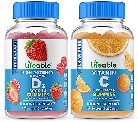 Lifeable Sugar Vitamin D 5000 Iu + Vitamin C Gummies Bundle Great Tasting Vitamin Supplement Gluten Gmo Chewable Gummy