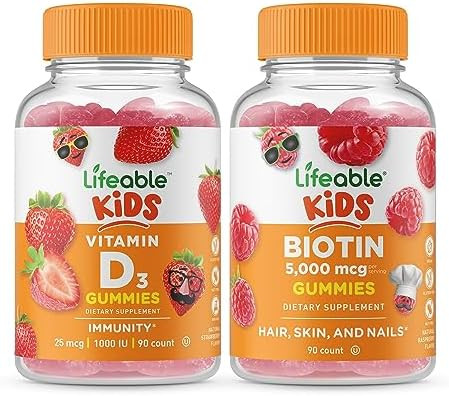 Lifeable Vitamin D Kids + Biotin Kids Gummies Bundle Great Tasting Vitamin Supplement Gluten Gmo Chewable Gummy