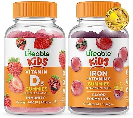 Lifeable Vitamin D Kids + Iron & Vitamin C Kids Gummies Bundle Great Tasting Vitamin Supplement Gluten Gmo Chewable Gummy