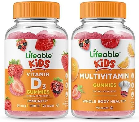 Lifeable Vitamin D Kids + Multivitamin Kids Gummies Bundle Great Tasting Vitamin Supplement Gluten Gmo Chewable Gummy