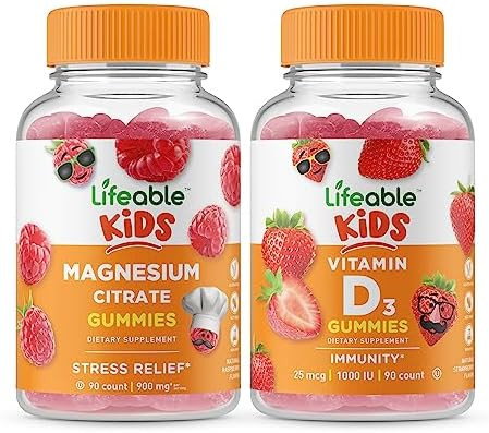 Lifeable Magnesium Kids + Vitamin D Kids Gummies Bundle Great Tasting Vitamin Supplement Gluten Gmo Chewable Gummy