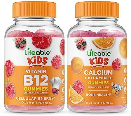 Lifeable Vitamin B12 Kids + Calcium With Vitamin D Kids Gummies Bundle Great Tasting Vitamin Supplement Gluten Gmo Chewable Gummy