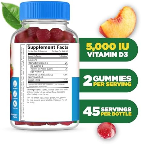 Lifeable Sugar Vitamin D 5000 Iu Great Tasting Natural Flavor Gummy Supplement Gluten Vegetarian Gmo Chewable For Immune Support And Bone Health For Adults 90 Gummies