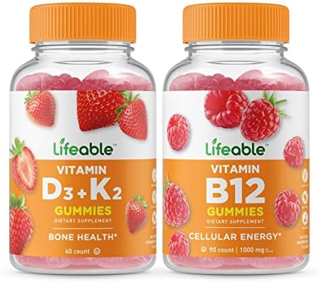 Lifeable Vitamin D3 + Vitamin K2 + Vitamin B12 Gummies Bundle Great Tasting Vitamin Supplement Gluten Gmo Chewable Gummy