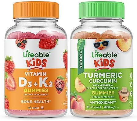 Lifeable Vitamin D3 + Vitamin K2 Kids + Turmeric Curcumin Kids Gummies Bundle Great Tasting Vitamin Supplement Gluten Gmo Chewable Gummy