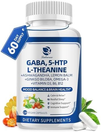 Lukaree Gaba Supplements 750Mg With L Theanine 5Htp Ashwagandha Lemon Balm Ginkgo Biloba Omega3 10 In 1 Gaba Calm Capsules For Sleep Relaxation Focus Mood Support Cortisol Balance 2 Pack