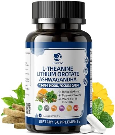 Lukaree 13In1 Lithium Orotate 10Mg With Ashwagandha 300Mg & Ltheanine 100Mg Mood Calm Sleep & Brain Bacopa Ginkgo Biloba Lemon Balm Magnesium Glycinate Zinc D3 B6 Folate B12 120 Vegan Capsules