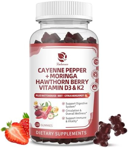 Lukaree (2 Pack) 16 In 1 Cayenne Pepper Gummies Sugar 20X Capsaicin Supplements Complex W/Moringa Hawthorn Beet Root Plus Wormwood Citrus Bergamot Support Circulation & Overall Wellness 60 Ct