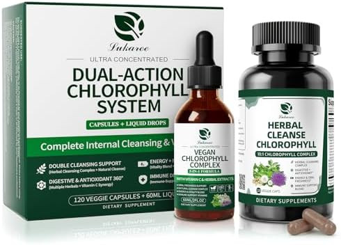 Lukaree Chlorophyll Liquid Drops & Capsules Combo Dual Action Support For Cleansing Energy & Oral Freshness Immune Support Internal Deodorant Skin & Gut Health Vegan Sugar 2Oz + 120 Caps