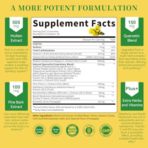 Lukaree (2 Pack) 9 In 1 Mullein Gummies For Lung Cleanse & Lymphatic Drainage Extra Strength Mullein Leaf Extract W/Quercetin Bromelain Elderberry & Marshmallow For Respiratory & Immunityvegan120 Count