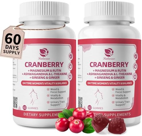 Lukaree 2 Pack Cranberry Gummies For Women “ Cranberry Complex With Dmannose Ashwagandha Magnesium Ginseng “ Urinary Tract Mood & Energy Support “ Daytime Vitality Supplement “ 120 Count
