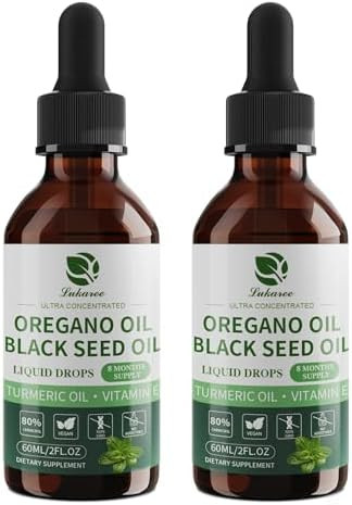 Lukaree Oil Of Oregano With Black Seed Oil 4 In 1 Oregano Oil Drops With Turmeric Oil & Vitamin E 80% Carvacrol Immune Respiratory Digestive “ Vegan Sugar Nongmo “ 8 Month Supply 2 Fl Oz