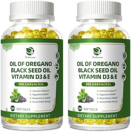 Lukaree Organic Oregano Oil Capsules With Black Seed Oil Ultraconcentrated 99% Carvacrol 5In1 With Vitamin D3 E Black Pepper Immune Respiratory Digestive & Antioxidant 180 Softgels 2 Pack