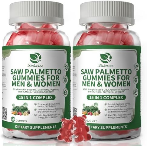 Lukaree Saw Palmetto For Men & Women 15 In 1 Saw Palmetto Extract Gummies With Pumpkin Seed Oil Prostate Health Supplements For Men Advanced Dht Blocker Hair & Urinary Health Support 2 Pack