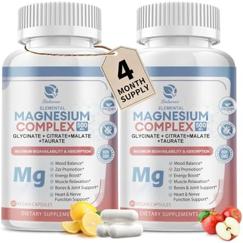 Lukaree Magnesium Complex Supplement 500Mg Magnesium Glycinate Malate Taurate Citrate Complex & Herbal Extracts High Absorption Chelated 120 Vegan Nongmo Capsules For Rest Energy Mood