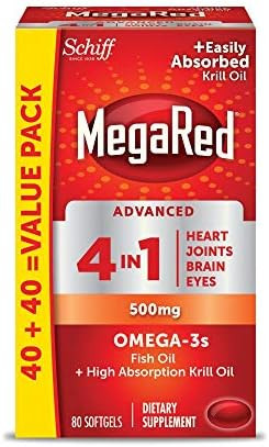 Megared Advanced 4In1 2X Concentrated 500Mg Omega3 Fish Oil & Antarctic Krill Oil With Fatty Acid Epa/Dha Supports Heart Brain Joints Eye Health 80 Count Softgels (2 Pack)