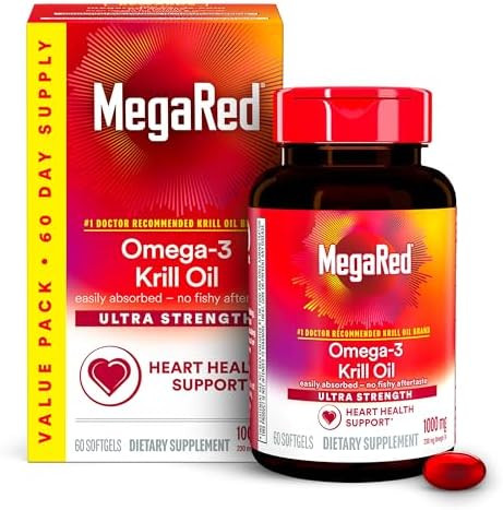 Megared Ultra Strength 1000Mg Omega3 Krill Oil Supplement With Epa/Dha Astaxanthin & Phospholipids No Fish Oil Aftertaste Supports Heart Brain Joint And Eye Health 60 Count Softgels.