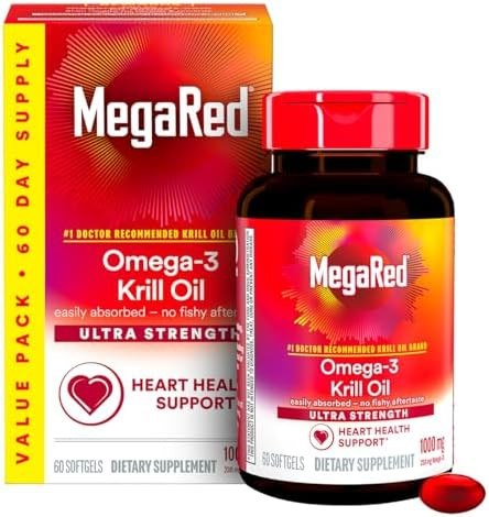 Megared Ultra Strength 1000Mg Omega3 Krill Oil Supplement With Epa/Dha Astaxanthin & Phospholipids No Fish Oil Aftertaste Supports Heart Brain Joint And Eye Health 60 Count Softgels (3 Pack)
