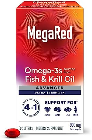 Megared Omega3 Fish & Krill Oil Supplement 900Mg Megared Advanced 4In1 60 Softgels 2X More Omega3 Heart Joint Brain And Eye Supplement Red 60 Count