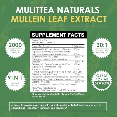 Mulittea 2 Pack Mullein Drops For Lungs & Lymphatic Drainage Lung Cleanse & Detox Vegan Mullein Leaf Extract For Lung Immunerespiratory Digestive 9 Potent Herbal Supplement To Re As Liquid 4Fl Oz