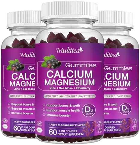Mulittea Calcium Magnesium Zinc Gummies With High Absorption Magnesium Glycinate 200Mg Potassium Plant Calcium Supplement W/ D3 & Sea Moss For Bone Muscles Calm Mood & Sleep Support Kids & Adults (3 Pack)
