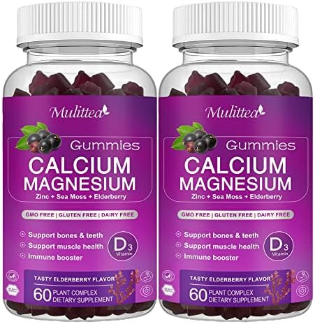 Mulittea Calcium Magnesium Zinc Gummies With High Absorption Magnesium Glycinate Potassium Plant Calcium Supplement W/ D3 & Sea Moss For Bone Muscles Calm Mood & Sleep Support Kids & Adults (2 Pack)