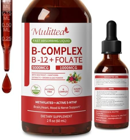 Mulittea Methylated B Complex 5000 Mcg Methylcobalamin B12 & 1000 Mcg 5Mthf Folate Vitamin B Complex Liquid Drops With B3 B6 Beetroot Hawthorn Energy Focus Heart & Brain Sugar 2 Fl Oz