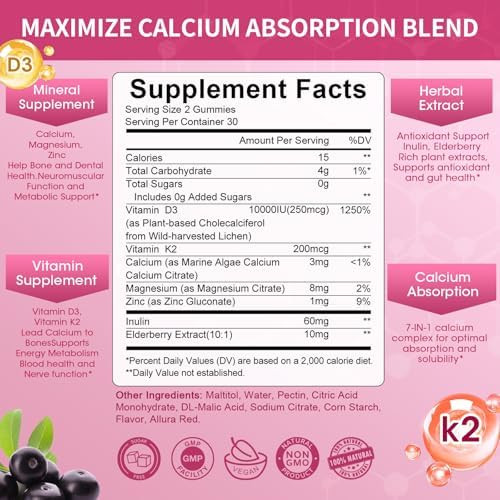 Mulittea Vitamin D3 10000 Iu + K2 (Mk7) 200Mcg W/Calcium Magnesium Zinc Elderberry & Inulinhighly Bioavailableenhanced Absorption For Immune & Bone Support K2 D3 Vitamin Supplementvegan Gummies