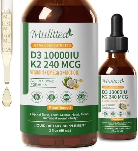 Mulittea 2 Pack Organic Vitamin D3 K2 Liquid W/ Vegan Omega3 & Coconut Mct Oil 10000 Iu Maximum Strength Vitamin D Supplement No Fillers Nongmo K2 As Mk7 For Bones Muscles & High Absorption2 Fl Oz
