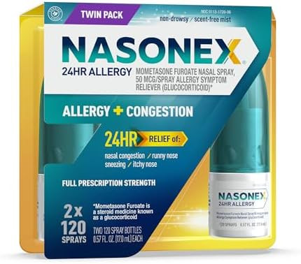Nasonex 24Hr Allergy Nasal Spray Nondrowsy Scent Mist Allergy Symptoms + Nasal Congestion Full Prescription Strength 120 Sprays