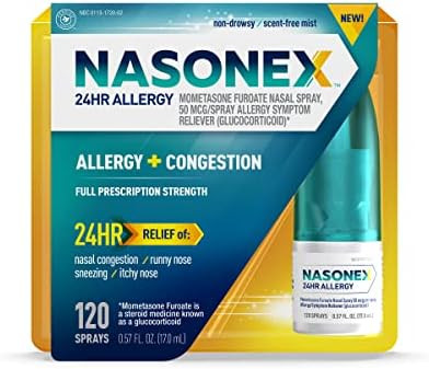 Nasonex 24Hr Allergy Nasal Spray Nondrowsy Scent Mist Allergy Symptoms + Nasal Congestion Full Prescription Strength 120 Sprays