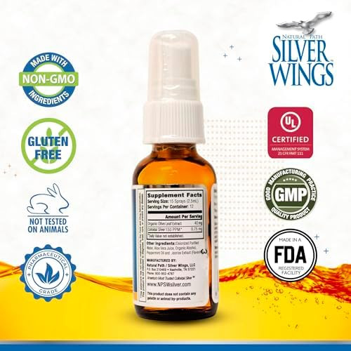 Natural Path Silver Wings Colloidal Silver 150Ppm (750Mcg) W/Olive Leaf Immune Support Supplement 1Oz Spray