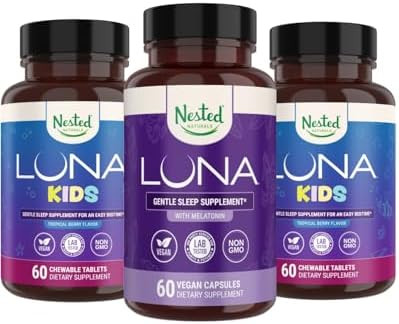 Nested Naturals Luna Kids Sleep Supplement (60 Chewable Tablets) & Luna Natural Sleep Aid (60 Vegan Capsules)