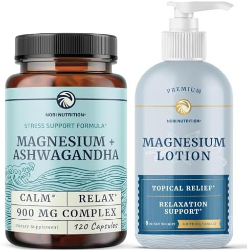 Nobi Nutrition Magnesium Lotion And Magnesium Ashwagandha Supplement Full Body Magnesium Support For Body And Mind With 8 Fl Oz Topical Magnesium Plus 2 Month Supply Magnesium Complex Pills
