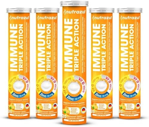 Nutrazul Immune Triple Action Effervescent Tablets With Vitamin C 1000Mg Vitamin D Zinc Support Daily Routine Vegan Gluten Sugar Lactose Orange Flavor 20 Tablets (Pack Of 5X20)