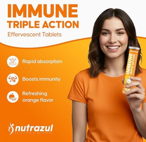 Nutrazul Immune Triple Action Effervescent Tablets With Vitamin C 1000Mg Vitamin D Zinc Support Daily Routine Vegan Gluten Sugar Lactose Orange Flavor 20 Tablets (Pack Of 5X20)