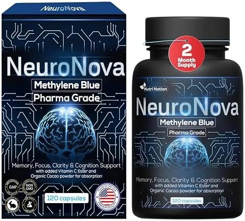 Nutri Nation Methylene Blue Pharma Grade (240 Capsules) Supplement With Added Vitamin C Ester For Enhanced Absorption Brain Supplement With Brain Fuel Memory Focus Clarity Cognitive Energy 4 Month Supply