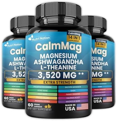 Nutri Nation Best Magnesium Glycinate With Ashwagandha And Ltheanine 14 In 1 Supplement 60 Capsules 3 Bottle