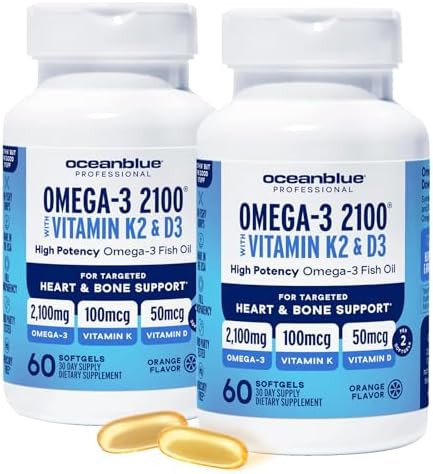 Oceanblue Professional Omega3 2100 With Vitamin K2 And Vitamin D360 Count Triple Strength Burpless Fish Oil Omega3 Supplement With Epa Dha & Dpa Wild Caught Orange Flavor 30 Servings