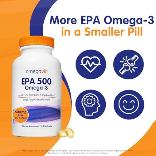 Omegavia Epa 500 Purified Omega3 Fish Oil Supplement 500 Mg Epa In Triglyceride Form Burpless Fish Oil Nongmo Gluten Ifos 5Star 120 Softgels
