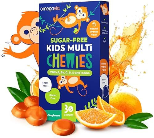Omegavia Sugar Kids Multivitamin Chewies Daily Chewable Gummy Vitamins For Kids 3+ Vitamin A C D3 E B6 & B12 Folate & More Natural Orange Flavor 30 Count