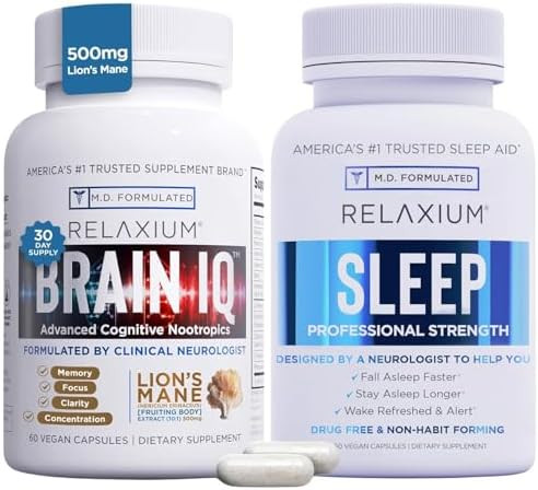 Relaxium Sleep Aid 60 Capsule + Brainiq Nootropic Brain Supplements 60 Capsule (Family Pack Sleep & Brain Bundle)
