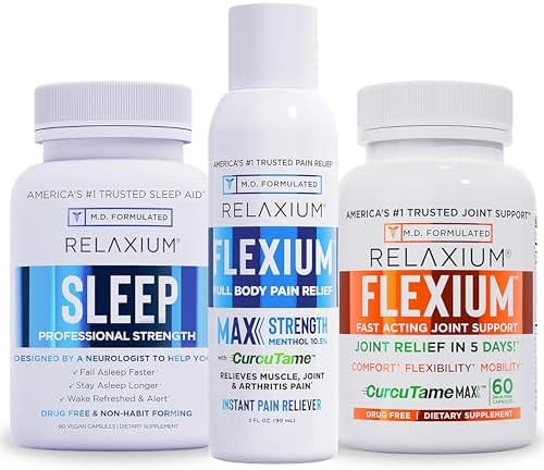 Relaxium Blackfriday Bundle Sleep Aid 60 Capsule + Flexium Fast Acting Joint Support 60 Capsule + Flexium Instant Spray For Pain Max Strength With 10.5% Menthol & Curcutame 90 Ml